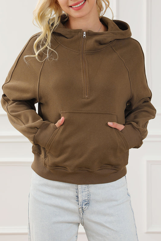 Coffee Kangaroo Pocket Half Zipper Loose Fit Hoodie