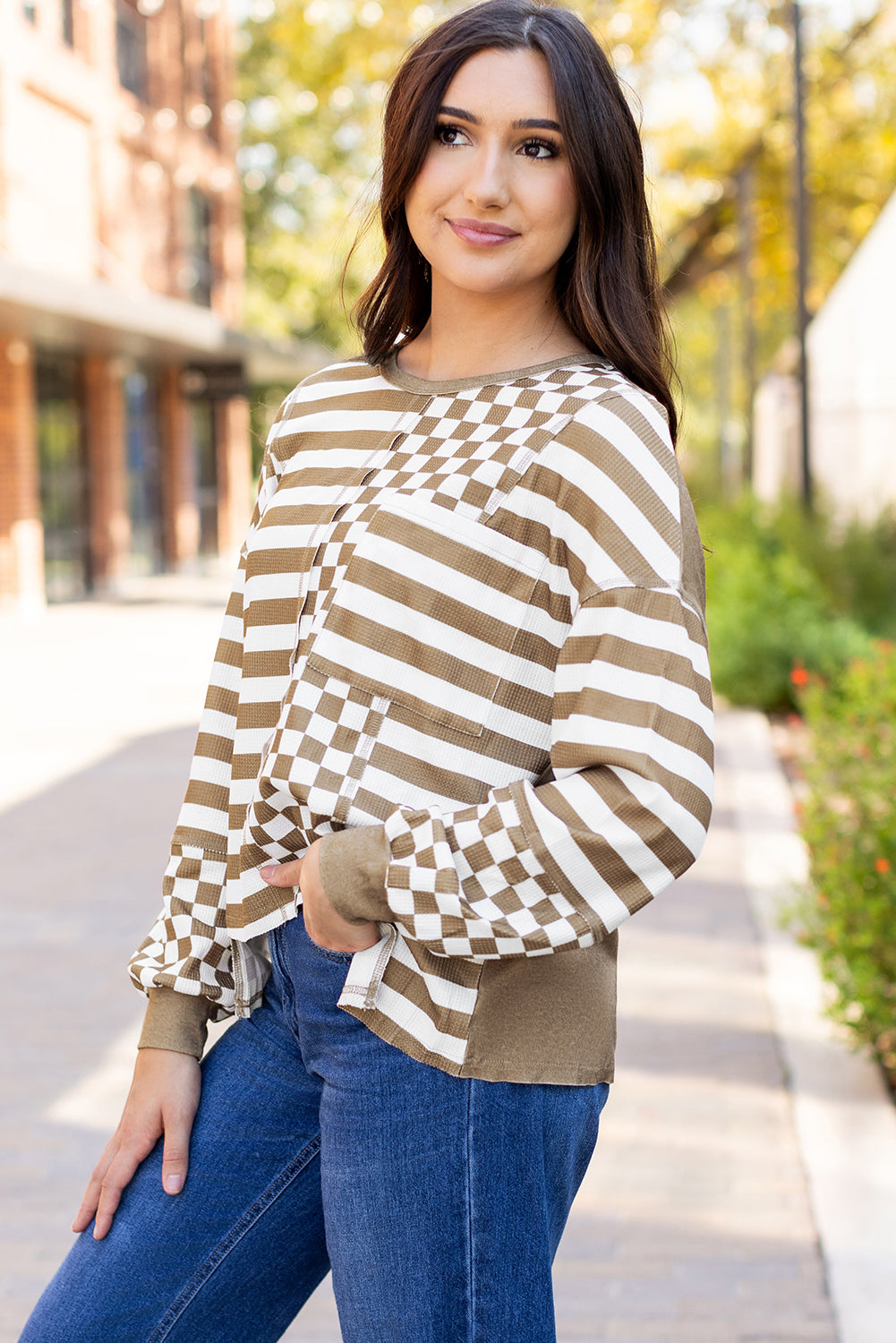 Checkerboard Striped Patchwork Lantern Sleeve Pocketed Blouse | Khaki