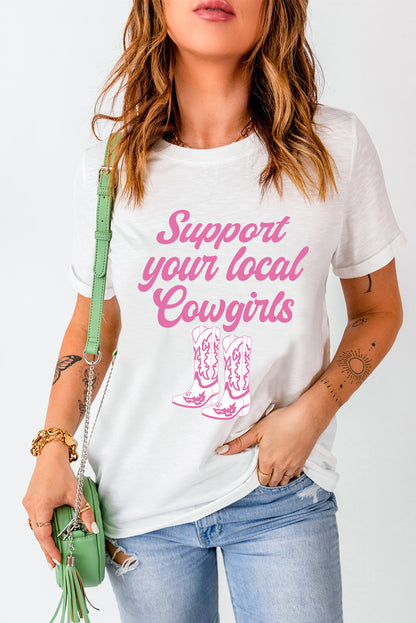 Support Your Local Cowgirls Boots Print Crewneck Tee | White