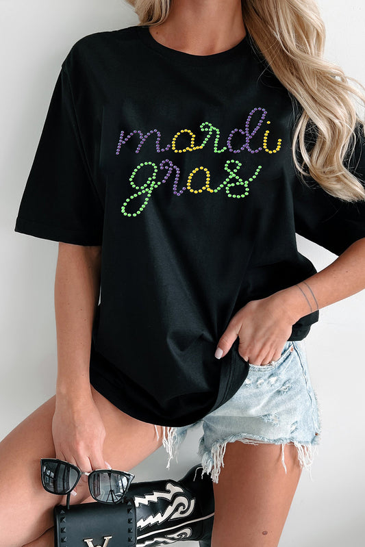 Black Rhinestone Mardi Gras Letter Graphic T Shirt