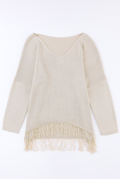 Lightweight Knit Fringe Hem Loose Sweater | Khaki