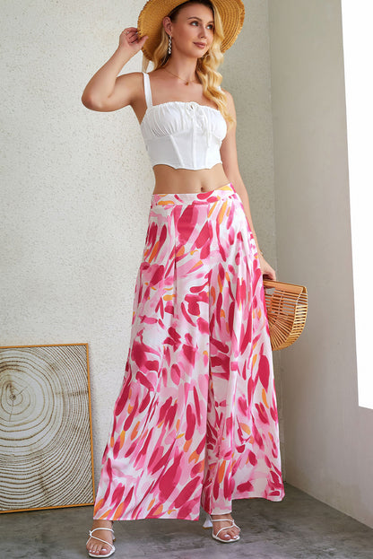 Boho Abstract Floral Print Wide Leg Pants | Rose