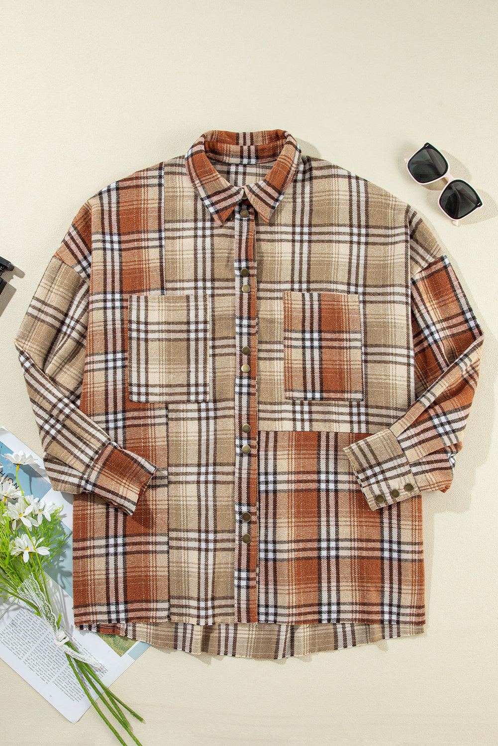 Plaid Colourblock Patchwork High Low Shacket | Khaki