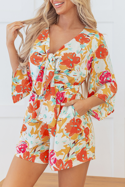 Blooming Floral Print Front Tie Romper | Orange