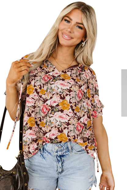 Floral Print Bubble Hem Split Neck Blouse | Pink