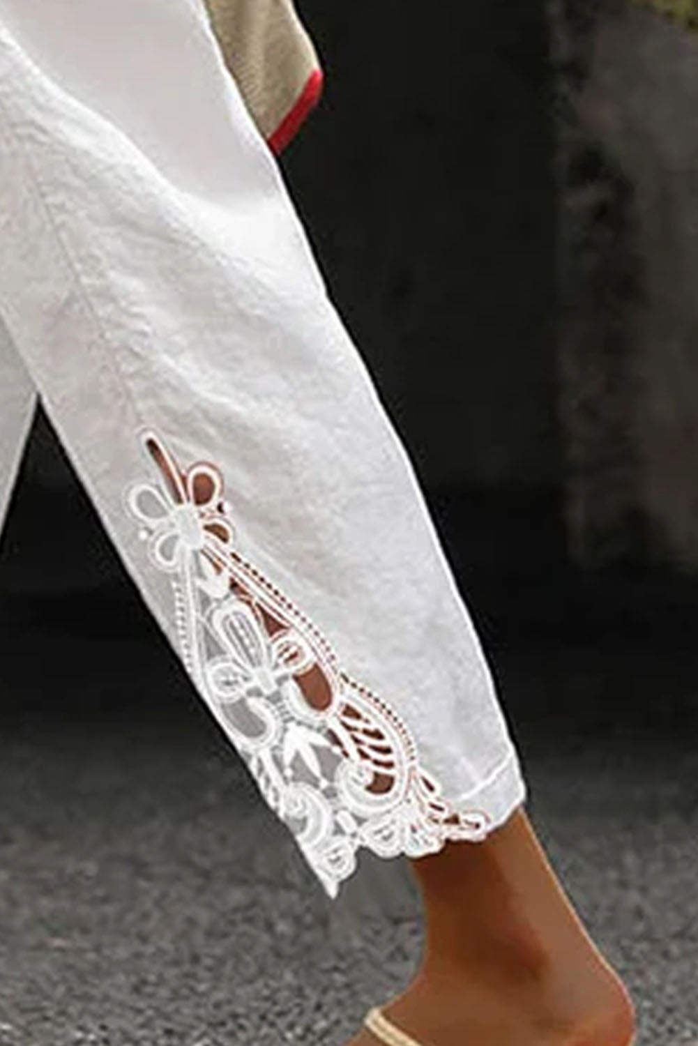 Lace Splicing Drawstring Casual Cotton Pants | White