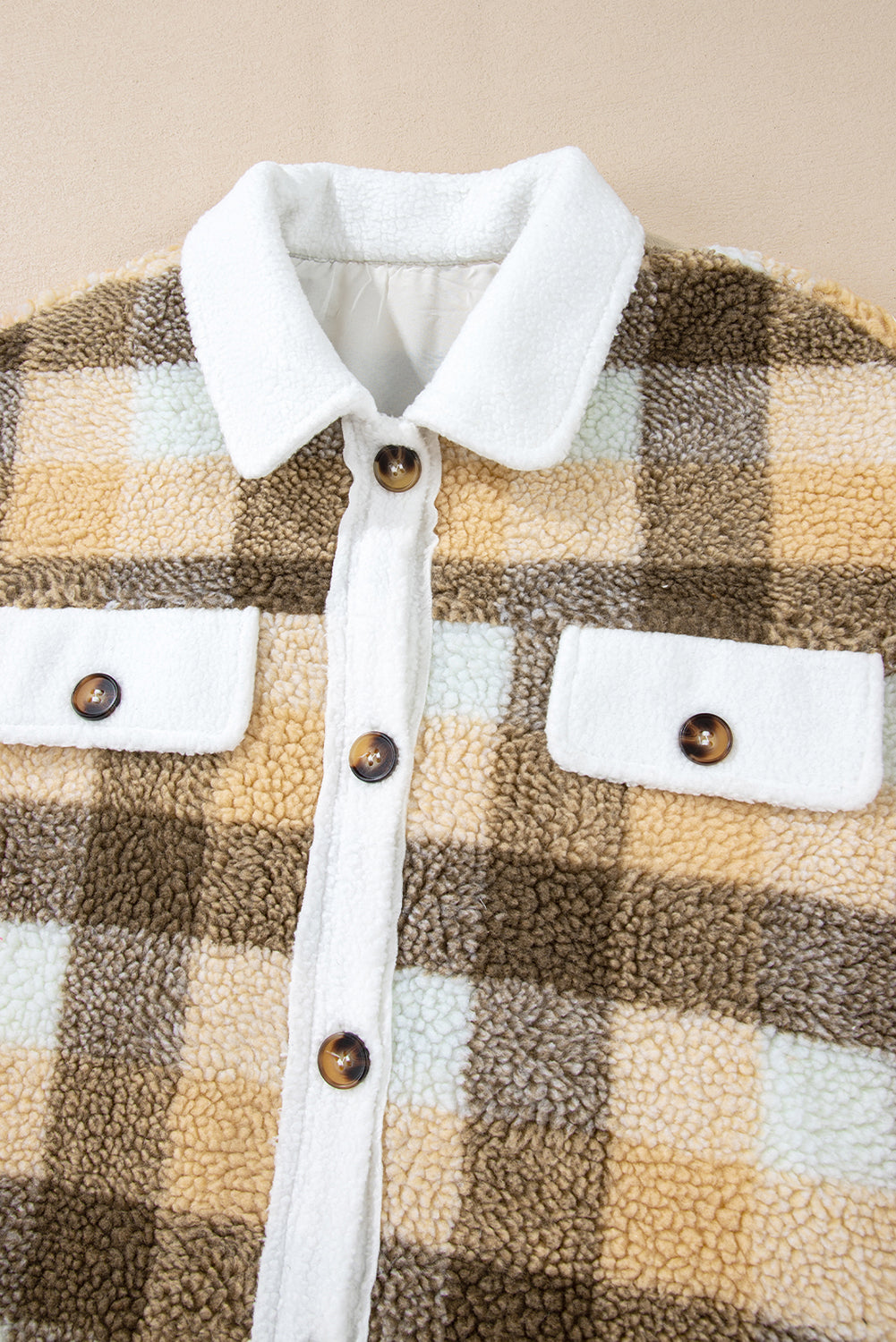 Plaid Sherpa Flap Pocket Shacket | Khaki