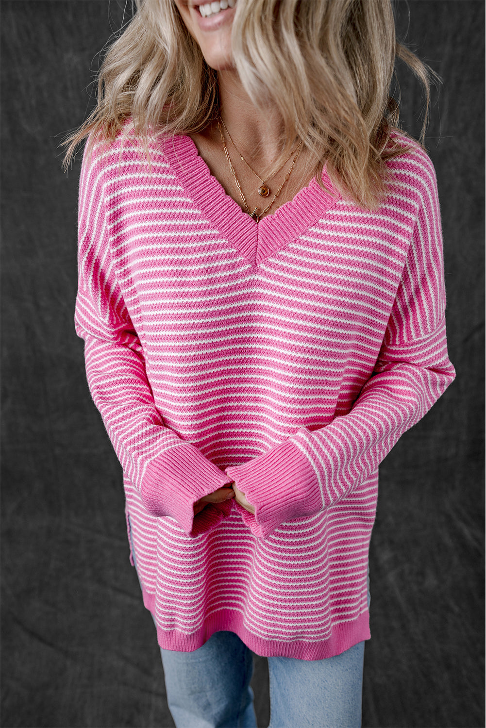 Striped Scallop V Neck Loose Sweater With Slits | Pink