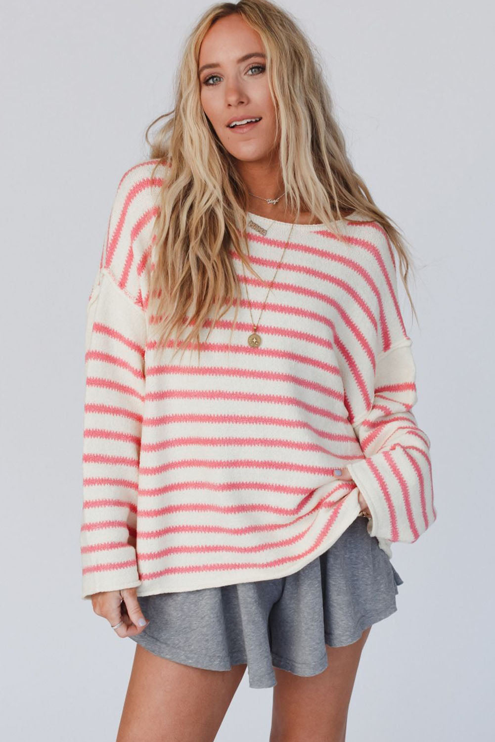 Striped Drop Shoulder Oversized Sweater | Pink