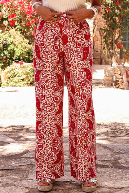 Paisley Printed Buttoned High Waist Straight Leg Pants | Red