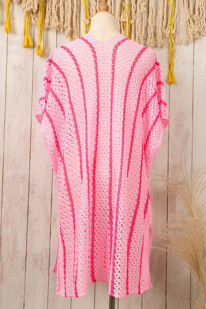 Striped Crochet Loose Fit V Neck Beach Cover Up | Pink