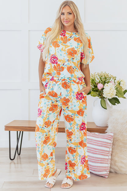 Vibrant Floral Printed Short Sleeve Top 2 Piece Pants Set | Orange