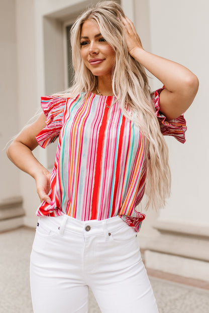 Stripe Abstract Print Stitching Ruffle Sleeve Blouse