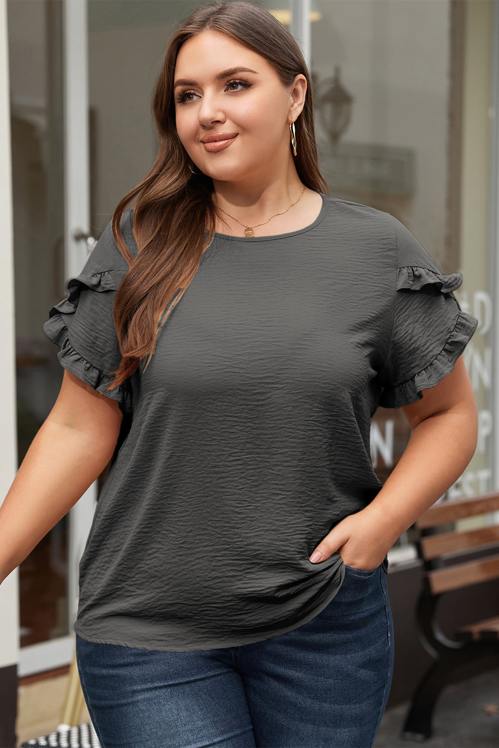 Ruffled Short Sleeve Plus Size Top | Dark Grey