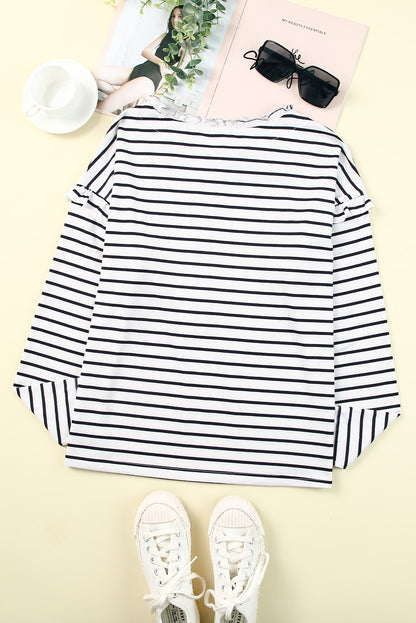 Striped Print Ruffled Buttoned Long Sleeve Top | White