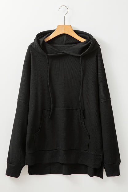 Waffle Knit Fleece Lined High Low Oversized Hoodie | Black