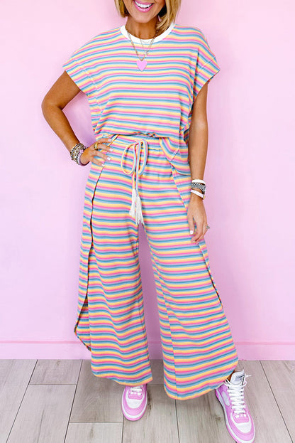 Rainbow Tee Tasseled String Wide Leg Pants Set | Pink Stripe