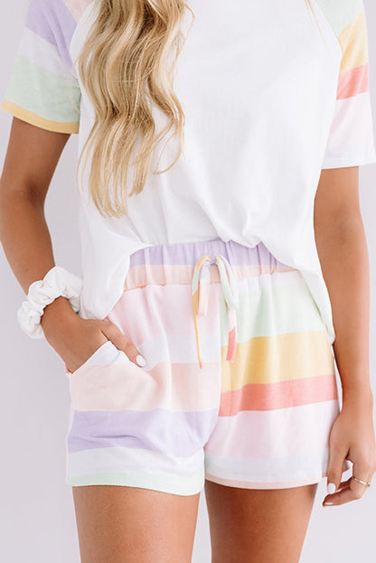 Rainbow Striped T Shirt And Shorts Set | White