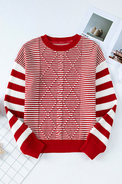 Geometric Textured Drop Shoulder Sweater | Red Stripe