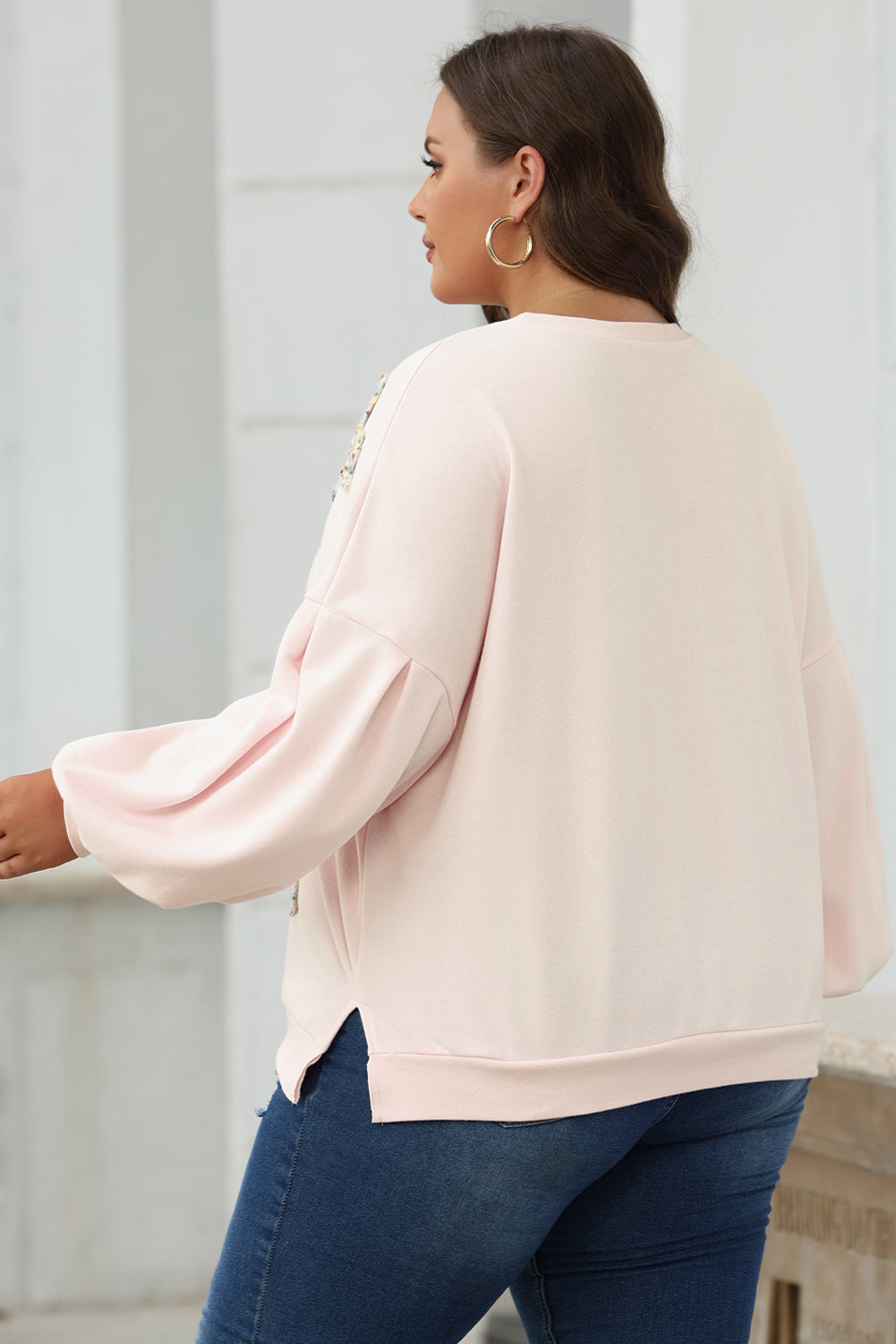 Embroidered Bow Lantern Sleeve Oversized Pullover Sweatshirt | Parchment