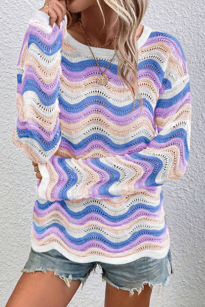 Wavy Pointelle Knit Drop Shoulder Sweater | Purple Stripe