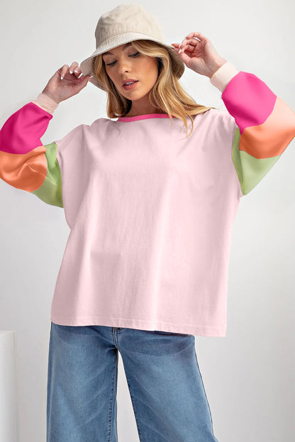 Colourblock Patchwork Long Sleeve Loose Top | Pink