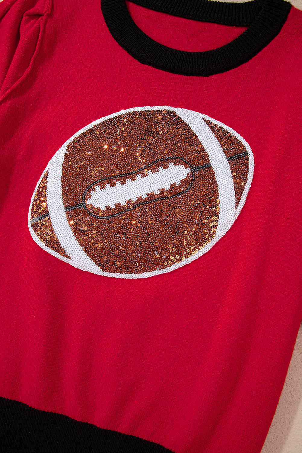 Sequin Rugby Colour Block Puff Short Sleeve Sweater | Red