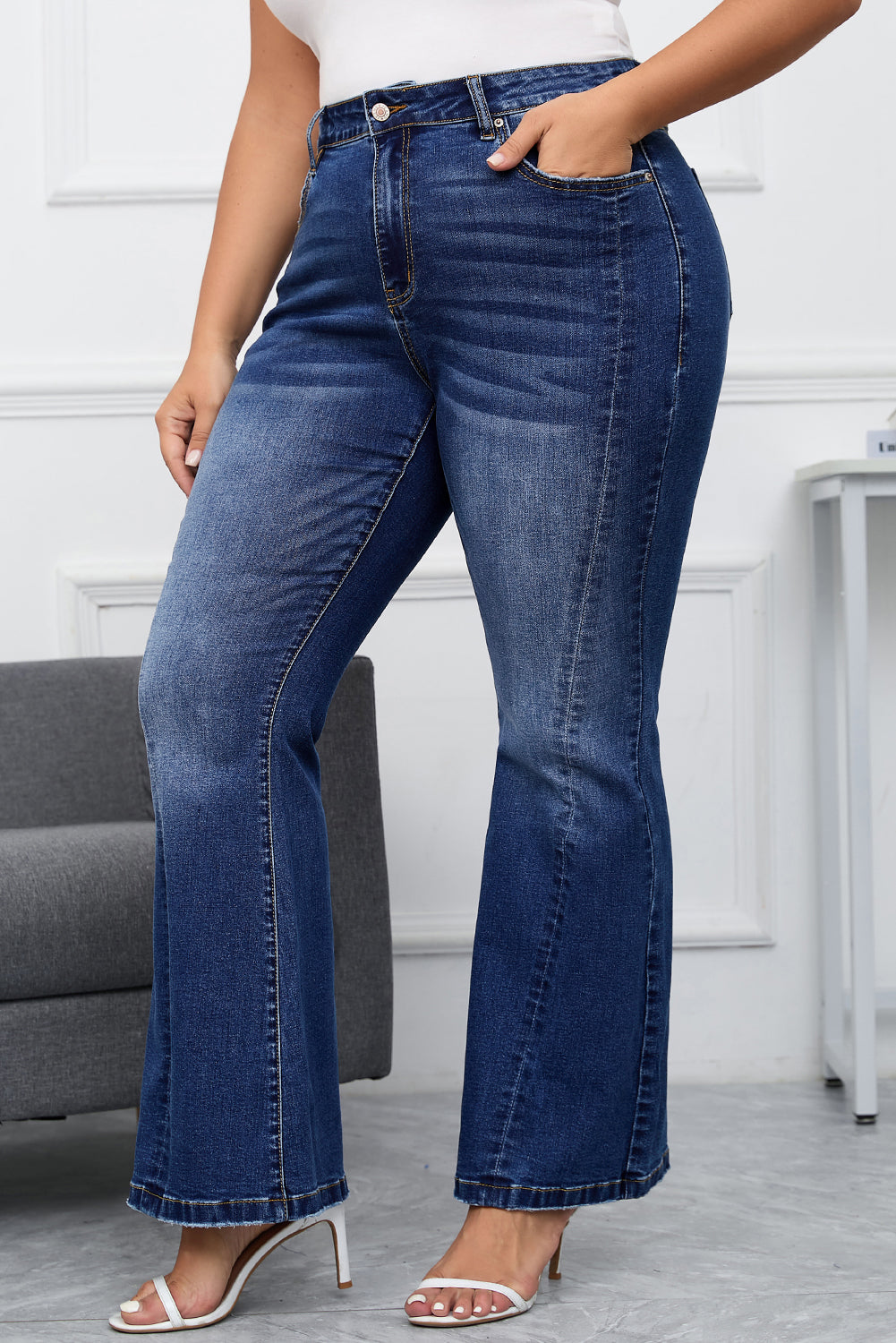 Plus Size Stitching Washed Flare Jeans | Dark Blue