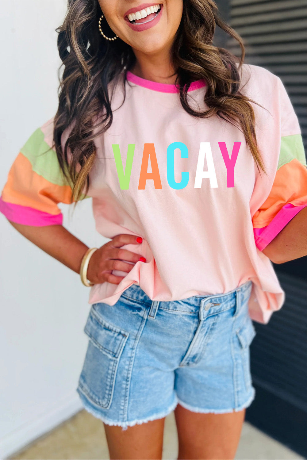 Pink VACAY Printed Color Block Half Sleeve Graphic T Shirt