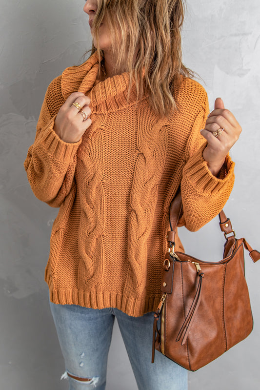 Yellow Cuddle Weather Cable Knit Handmade Turtleneck Sweater