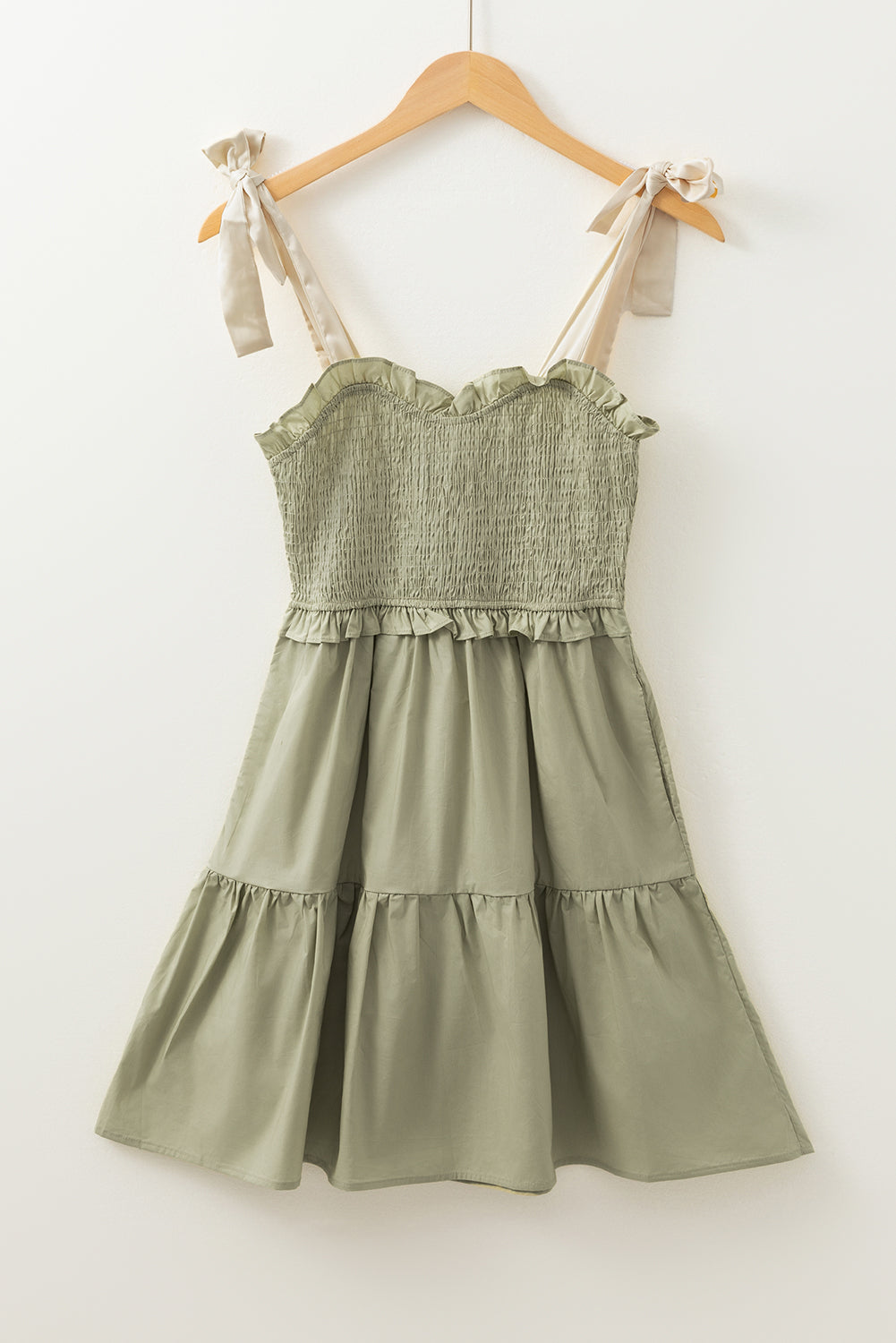 Smocked Bodice Self-Tie Straps A-Line Ruffled Mini Dress | Laurel Green