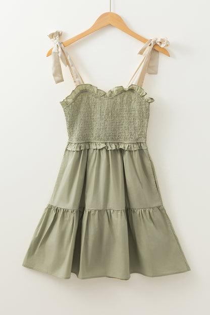 Smocked Bodice Self-Tie Straps A-Line Ruffled Mini Dress | Laurel Green