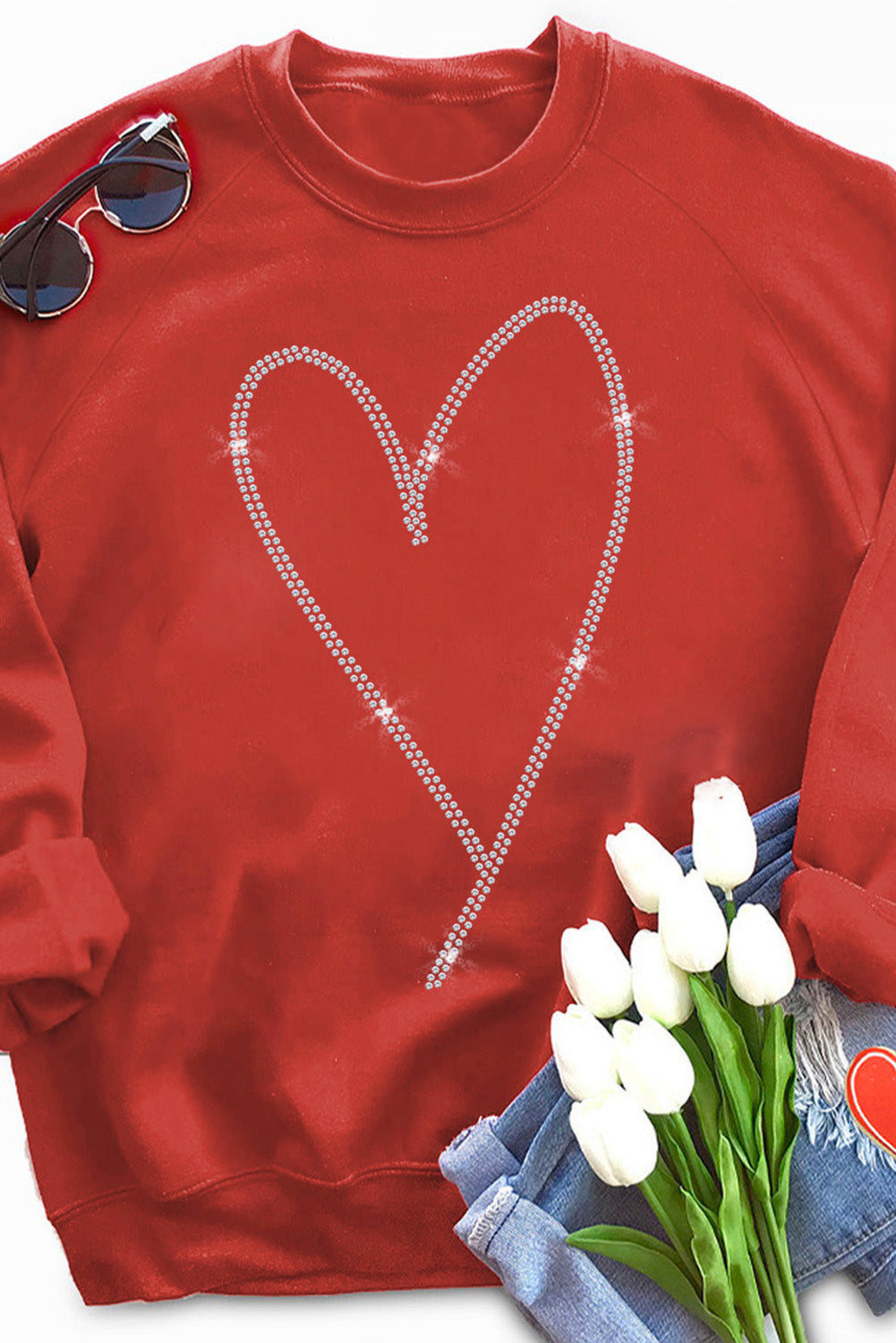 Fiery  Rhinestone Heart Shaped Long Sleeve Sweatshirt | Red