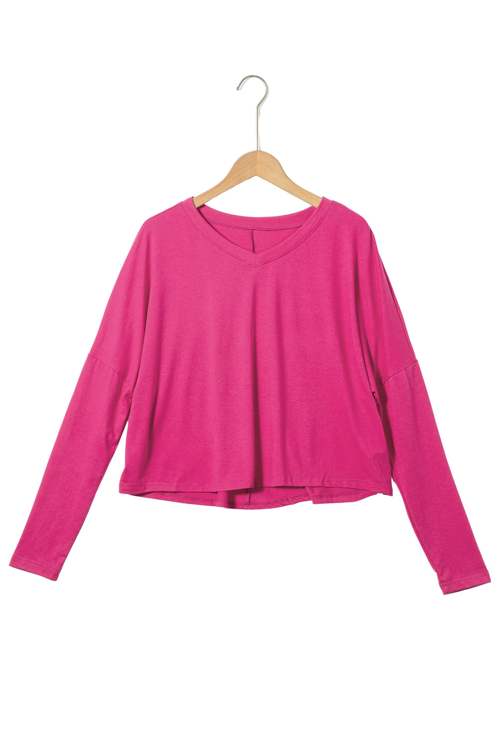 Loose V Neck Dropped Long Sleeve Top | Rose Red