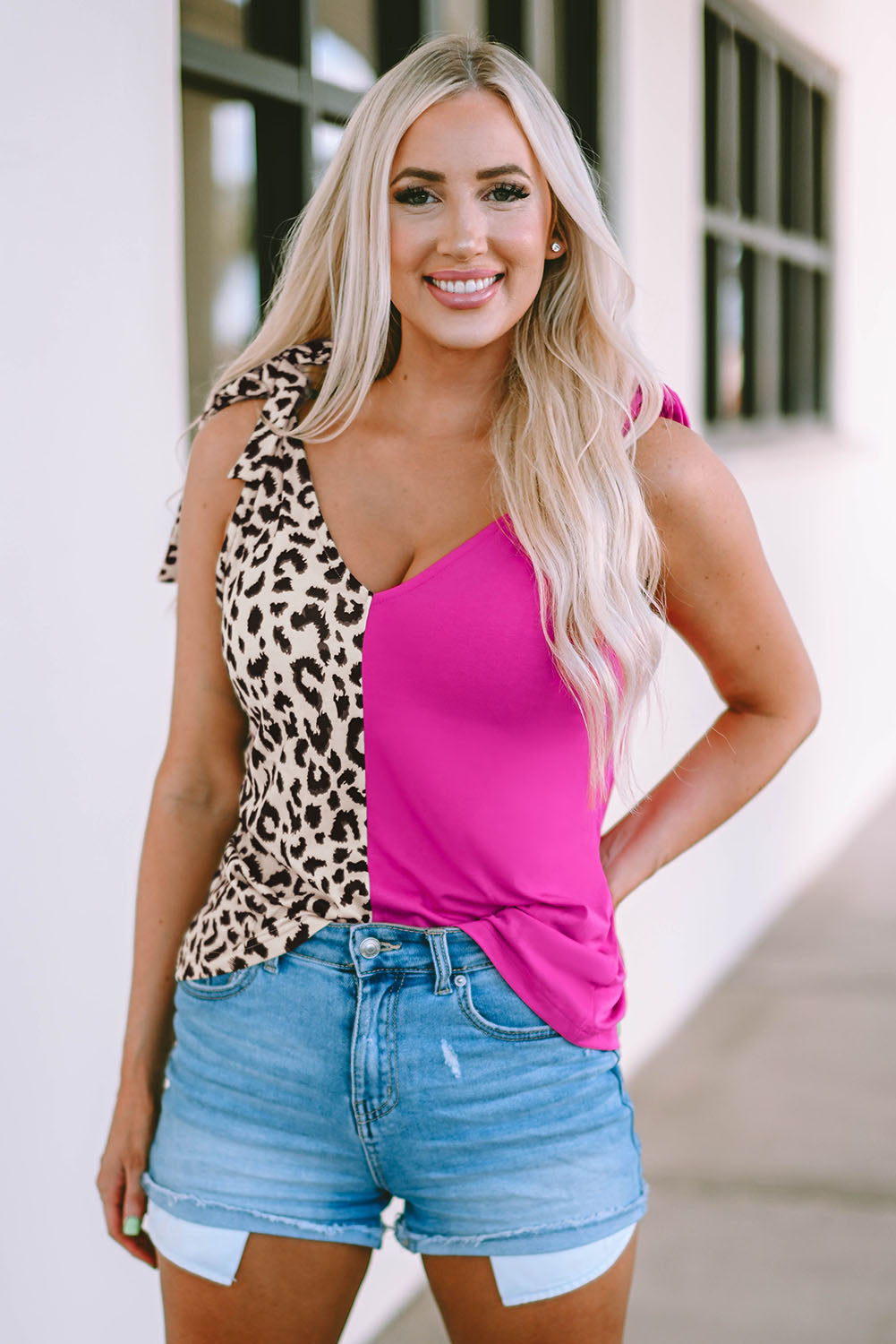 Leopard Patchwork Tie Strap Tank Top | Rose