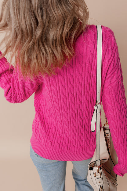 Solid Cable Knit High Neck Drop Shoulder Sweater | Rose Red