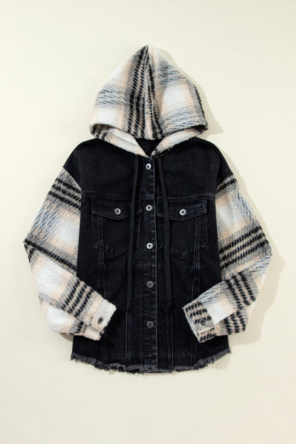 Plaid Sleeve Frayed Hem Hooded Denim Jacket | Black