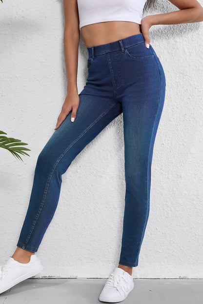 Multiple Pockets Straight Leg Washed Stretchy Knit Casual Jeans | Ashleigh Blue