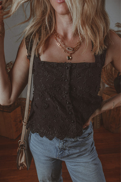 Floral Embroidered Buttoned Square Neck Tank Top | Black