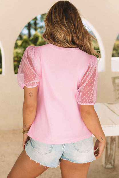 Bow Tie Embroidered Dotted Mesh Puff Sleeve T Shirt | Pink