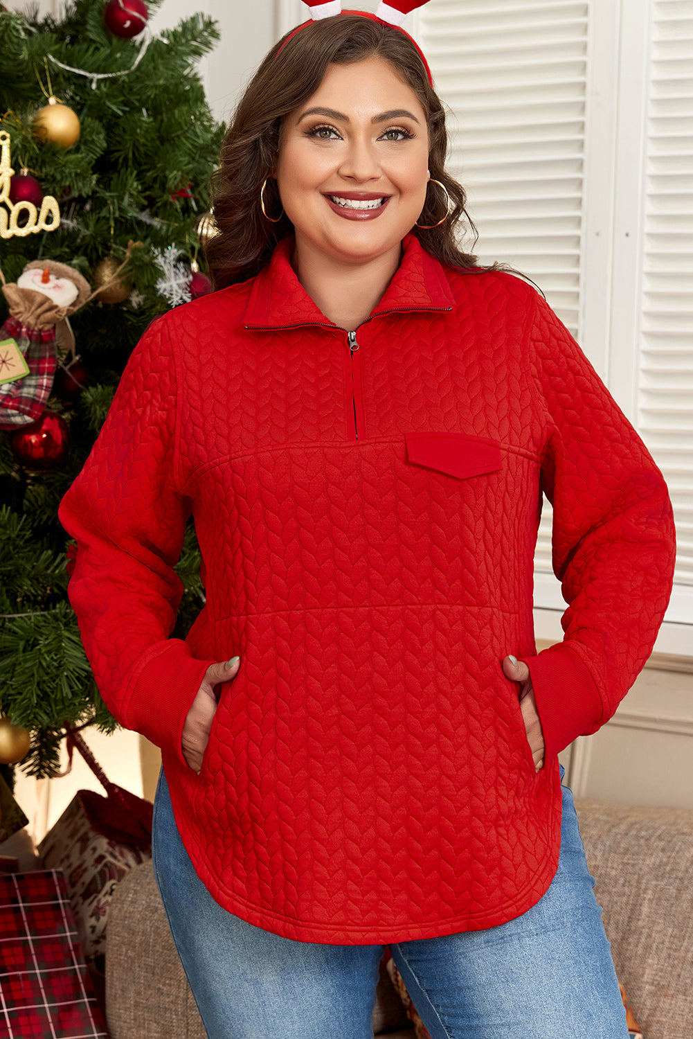 Cable Textured Quarter Zip Pocketed Plus Size Pullover | Tomato Red