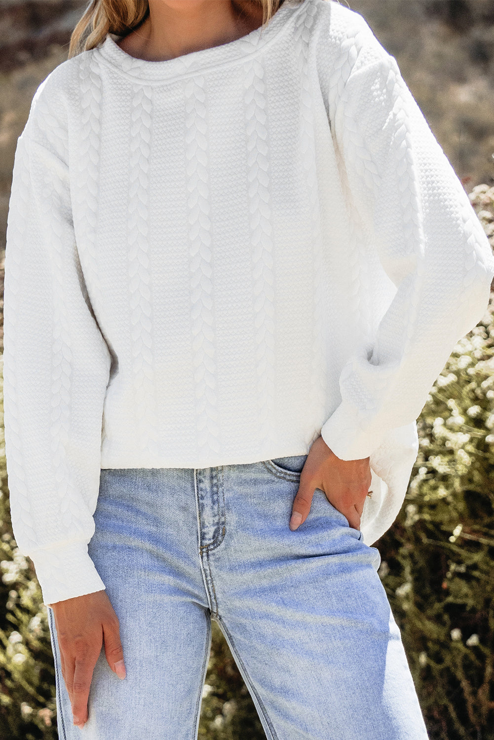 Cable Textured Long Sleeve Round Neck Top | White