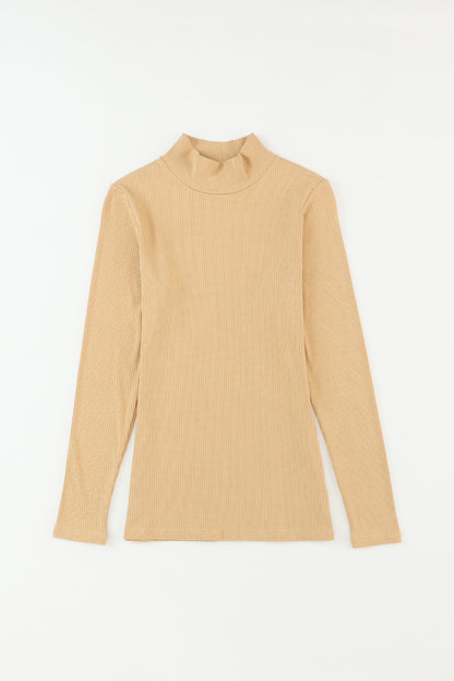 Ribbed Knit High Neck Long Sleeve Top | Khaki