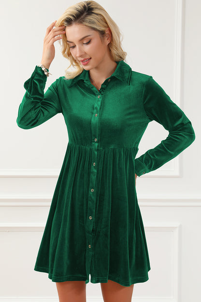 Long Sleeve Ruffle Velvet Button Up Dress | Green