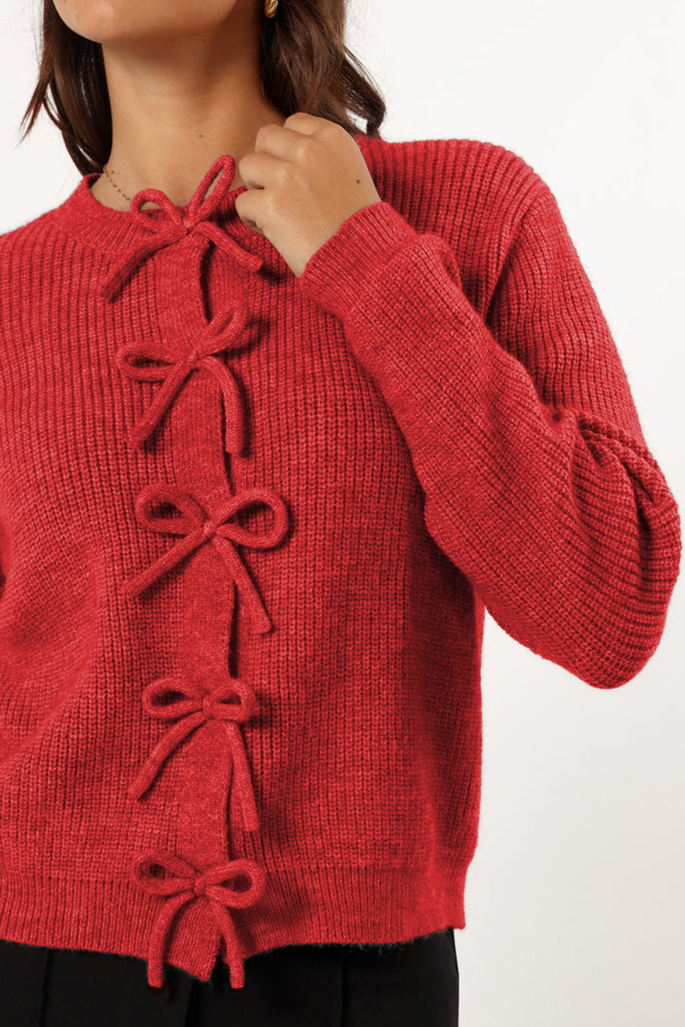 Ribbed Knit Bow Front Buttoned Cardigan | Fiery Red