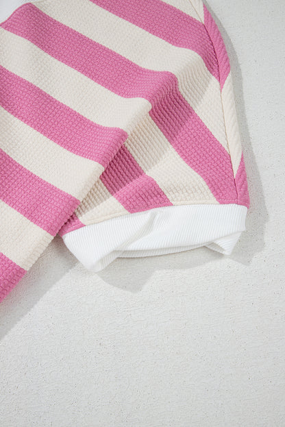 Patchwork Textured Short Sleeve High Low Loose Top | Pink Stripe