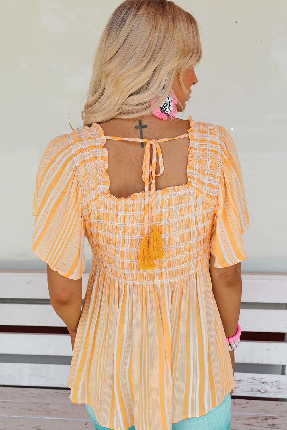 Striped Print Smocked Flowy Blouse | Yellow