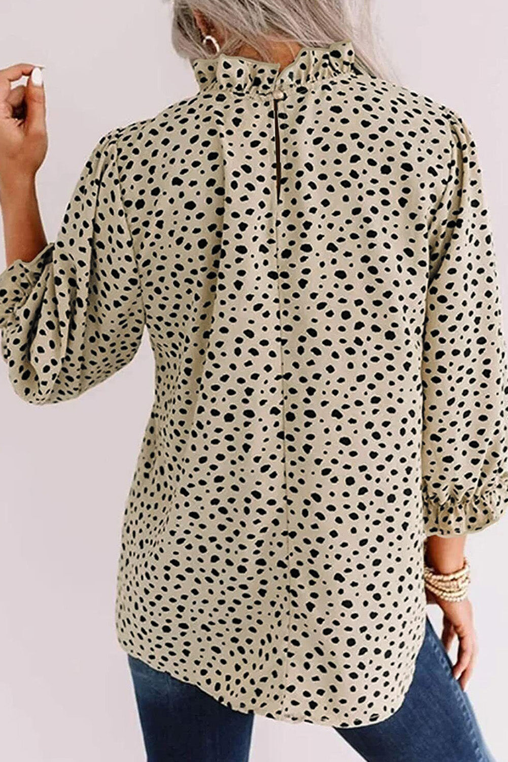 Frilled Neck 3/4 Sleeves Cheetah Blouse | Khaki