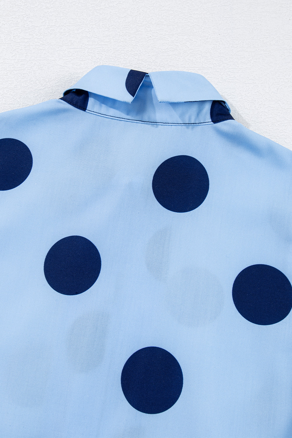 Polka Dot Print Ruffled Short Sleeve Buttoned Collared Blouse | Sky Blue