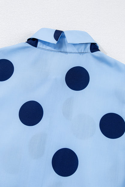 Polka Dot Print Ruffled Short Sleeve Buttoned Collared Blouse | Sky Blue